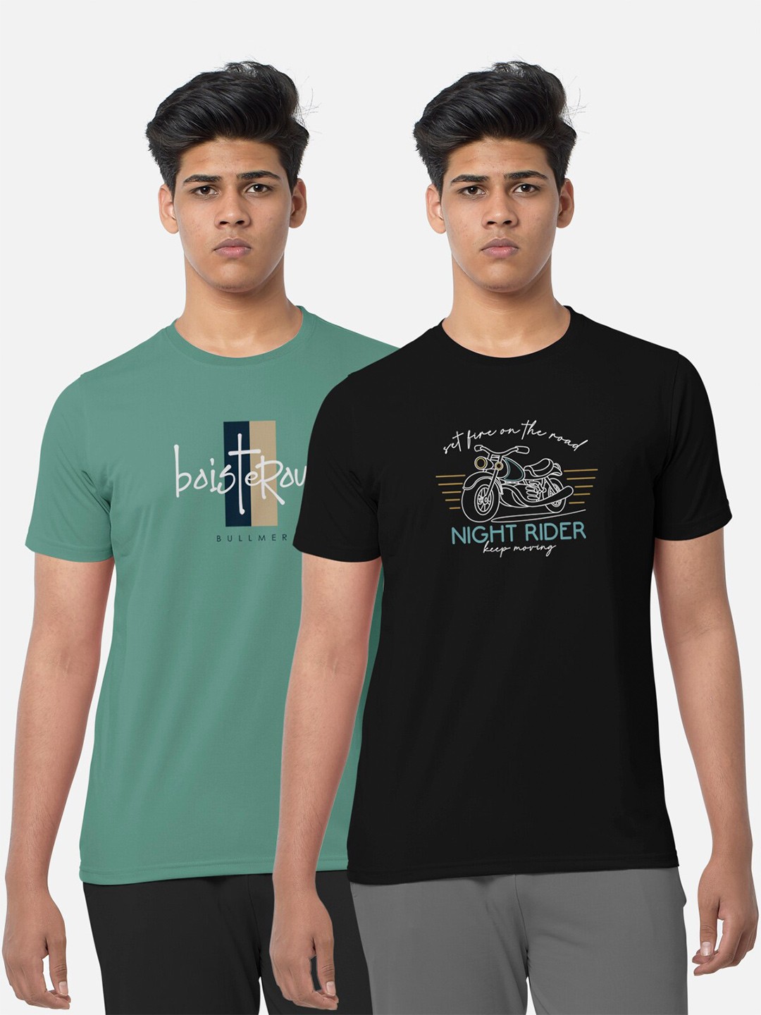 

BULLMER Pack Of 2 Graphic Printed Cotton Sports T-shirt, Green