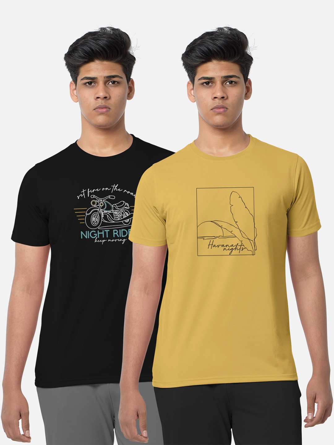 

BULLMER Pack Of 2 Typography Printed Cotton T-shirt, Black