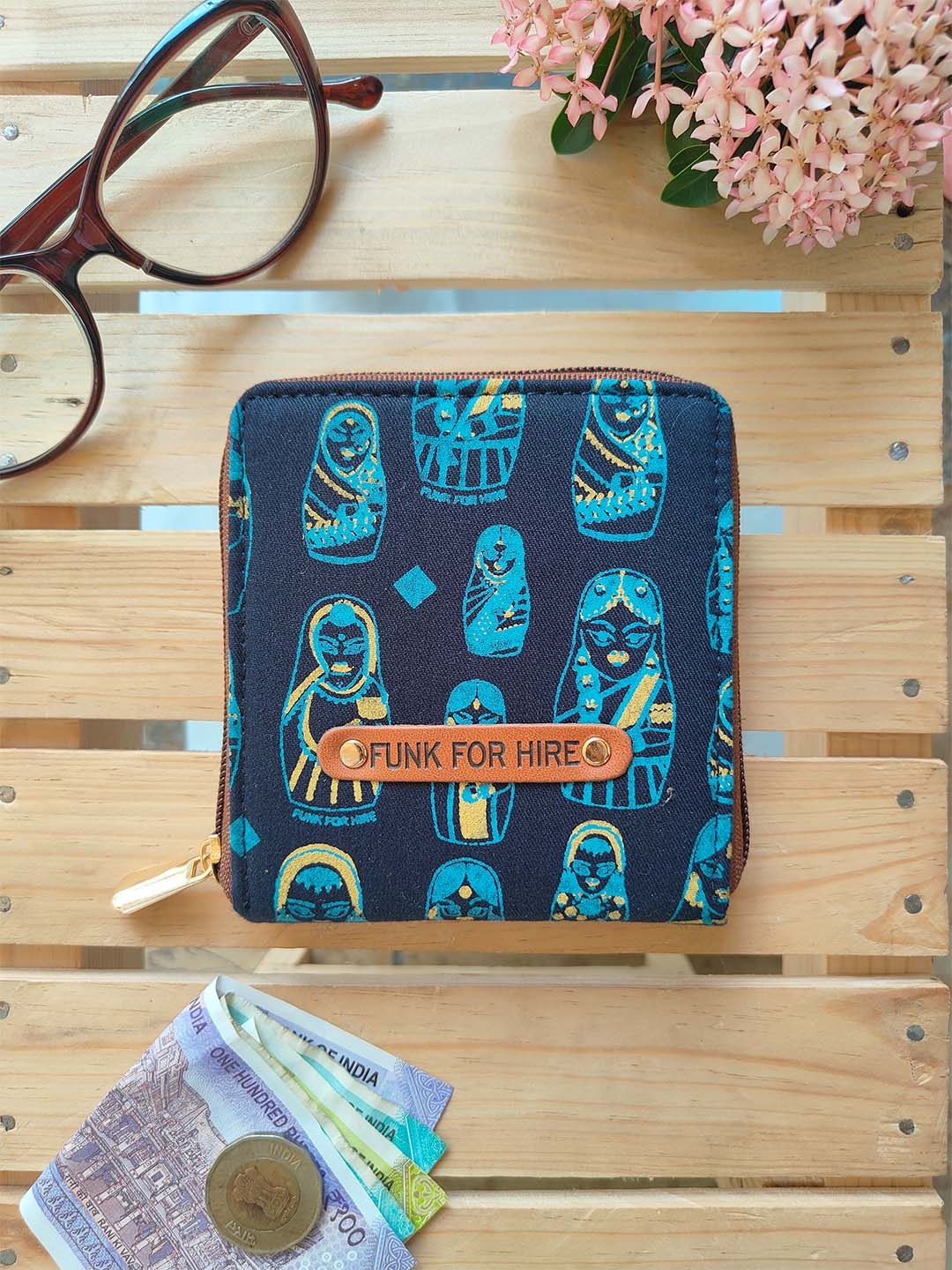 

Funk For Hire Women Printed Canvas Zip Around Wallet, Navy blue