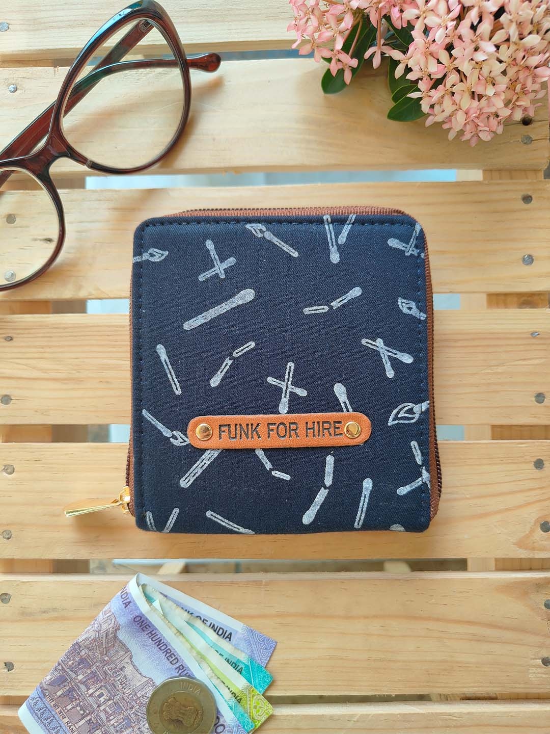 

Funk For Hire Women Printed Zip Around Wallet, Black