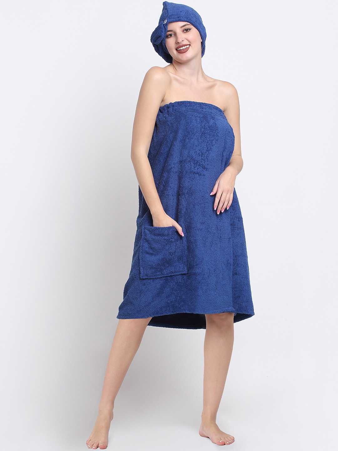 

Creeva Luxury 2 Pieces 380 GSM Highly Absorbent Pure Cotton Hair & Bath Wrap Towel Robe, Blue