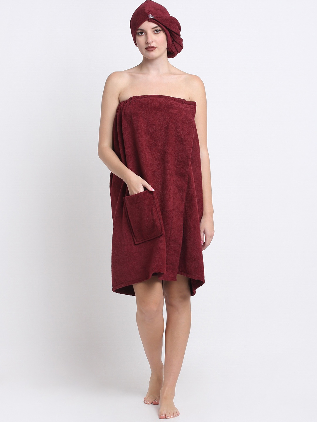 

Creeva Luxury Maroon Pure Cotton 380 GSM Anti Bacterial Bath Wrap Towel Robe