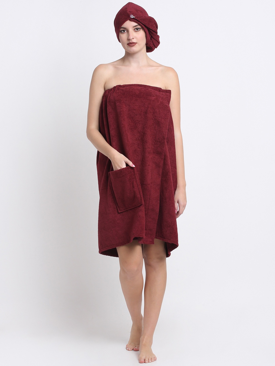 

Creeva Luxury 2Pc 380GSM Highly Absorbent Pure Cotton Hair Wrap & Bath Wrap Towel Robe, Burgundy