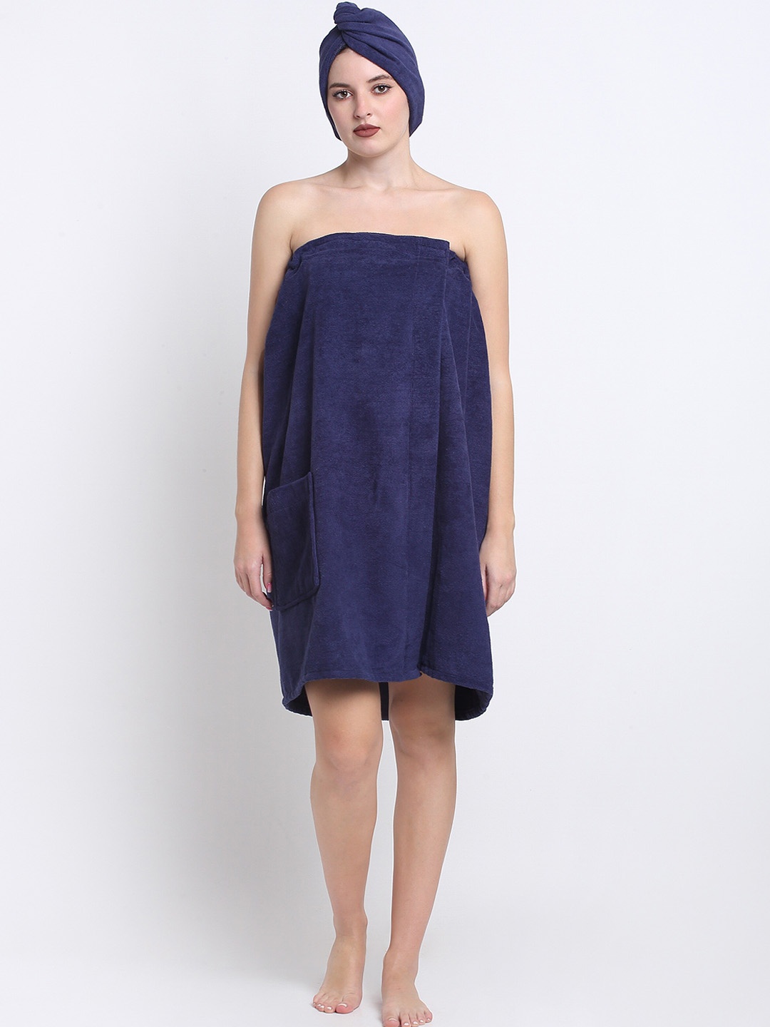 

Creeva Luxury 2 Pcs Cotton 380 GSM Anti Bacterial Bath Wrap & Hair Wrap Towel Robe, Navy blue