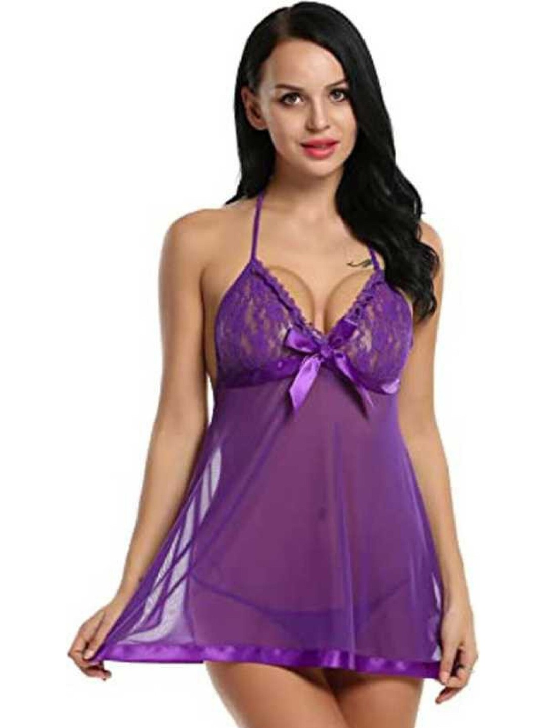 

VAGHBHATT Lace Halter Neck Baby Doll, Purple