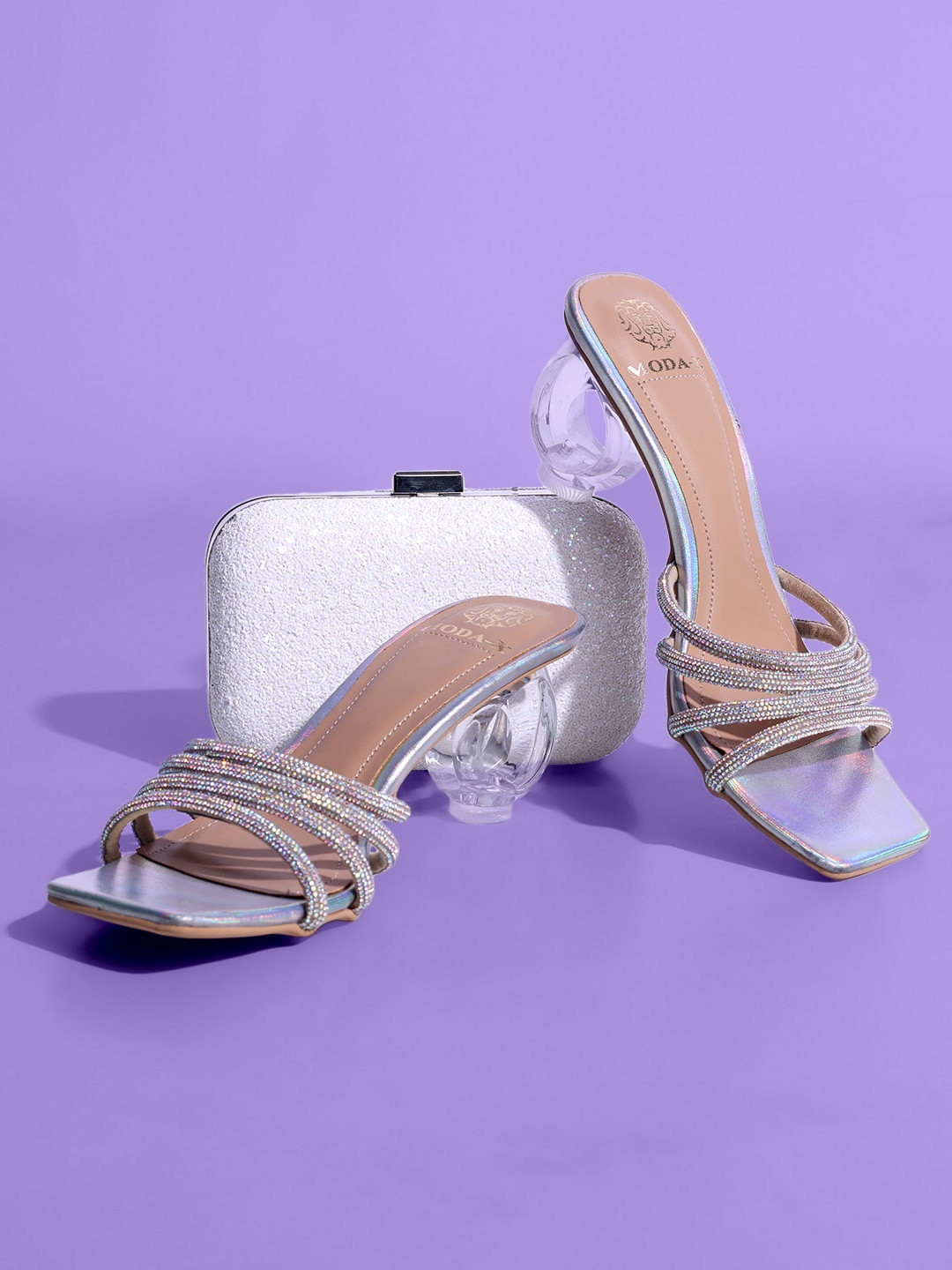 

MODA-X Embellished Open Toe Block Heels, Silver