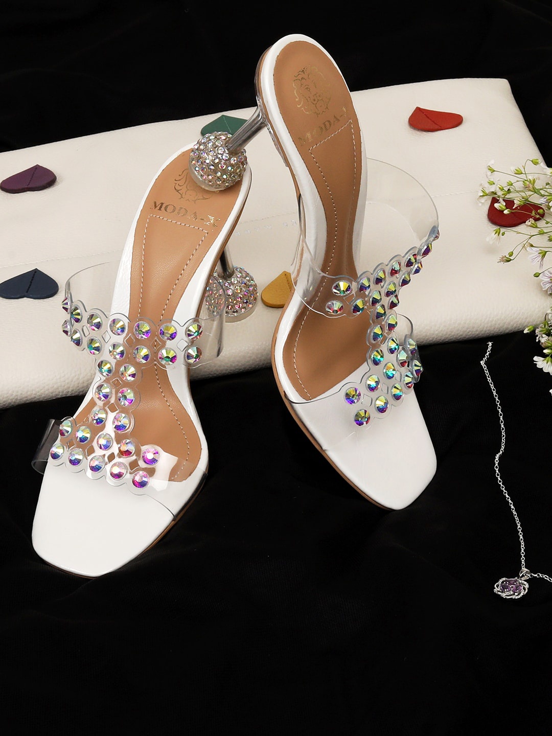 

MODA-X Embellished Open Toe Slim Heels, White