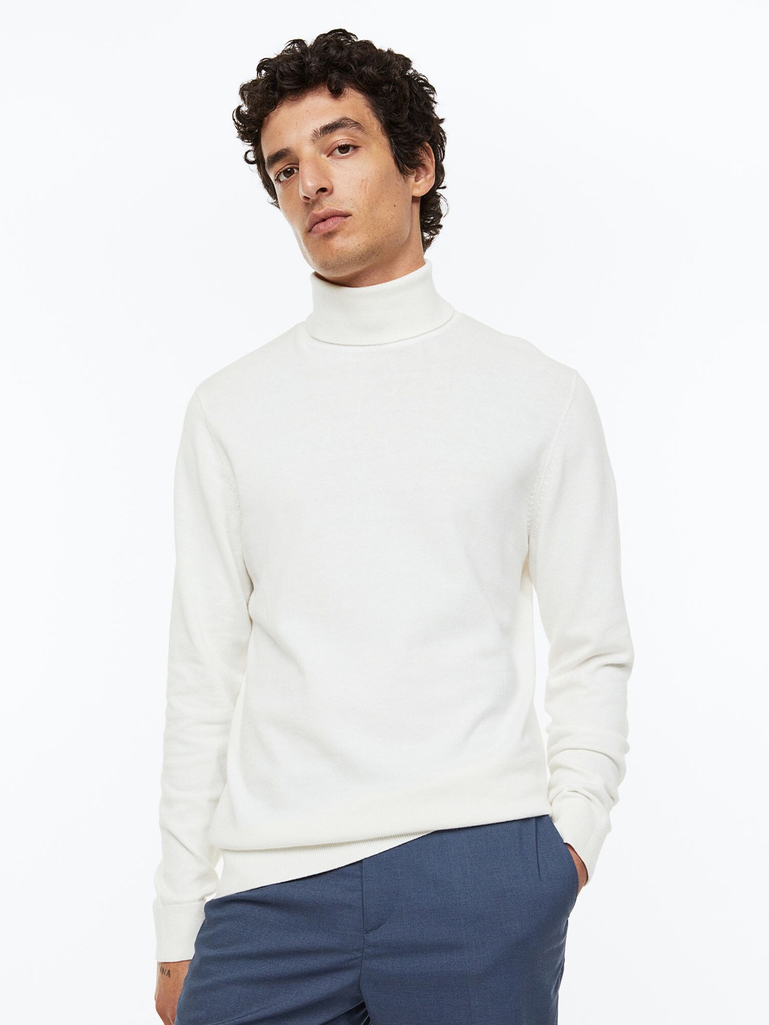 

H&M Men Slim Fit Fine-Knit Polo-Neck Jumper, White