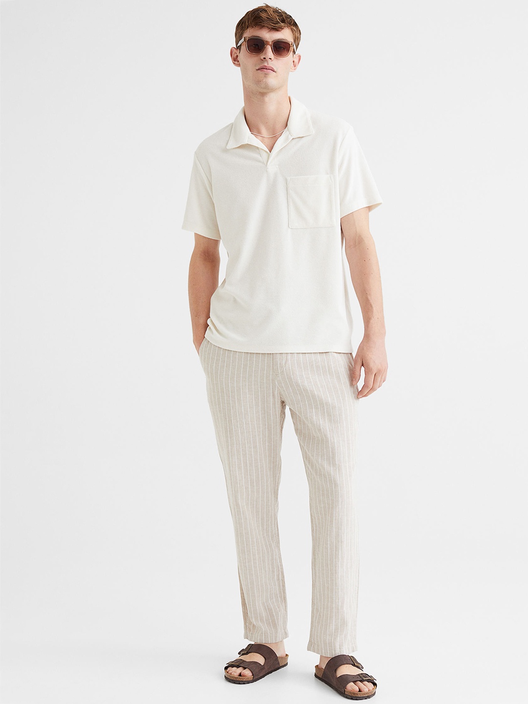 H&M Men Regular Fit Linen-Mix Trousers, Beige