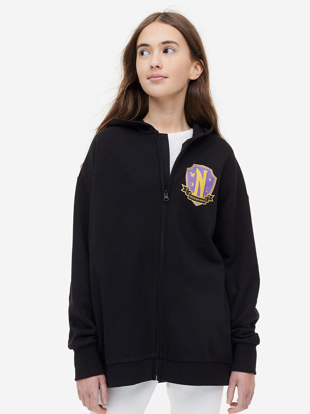 

H&M Girls Oversized Printed Zip-Through Hoodie, Black