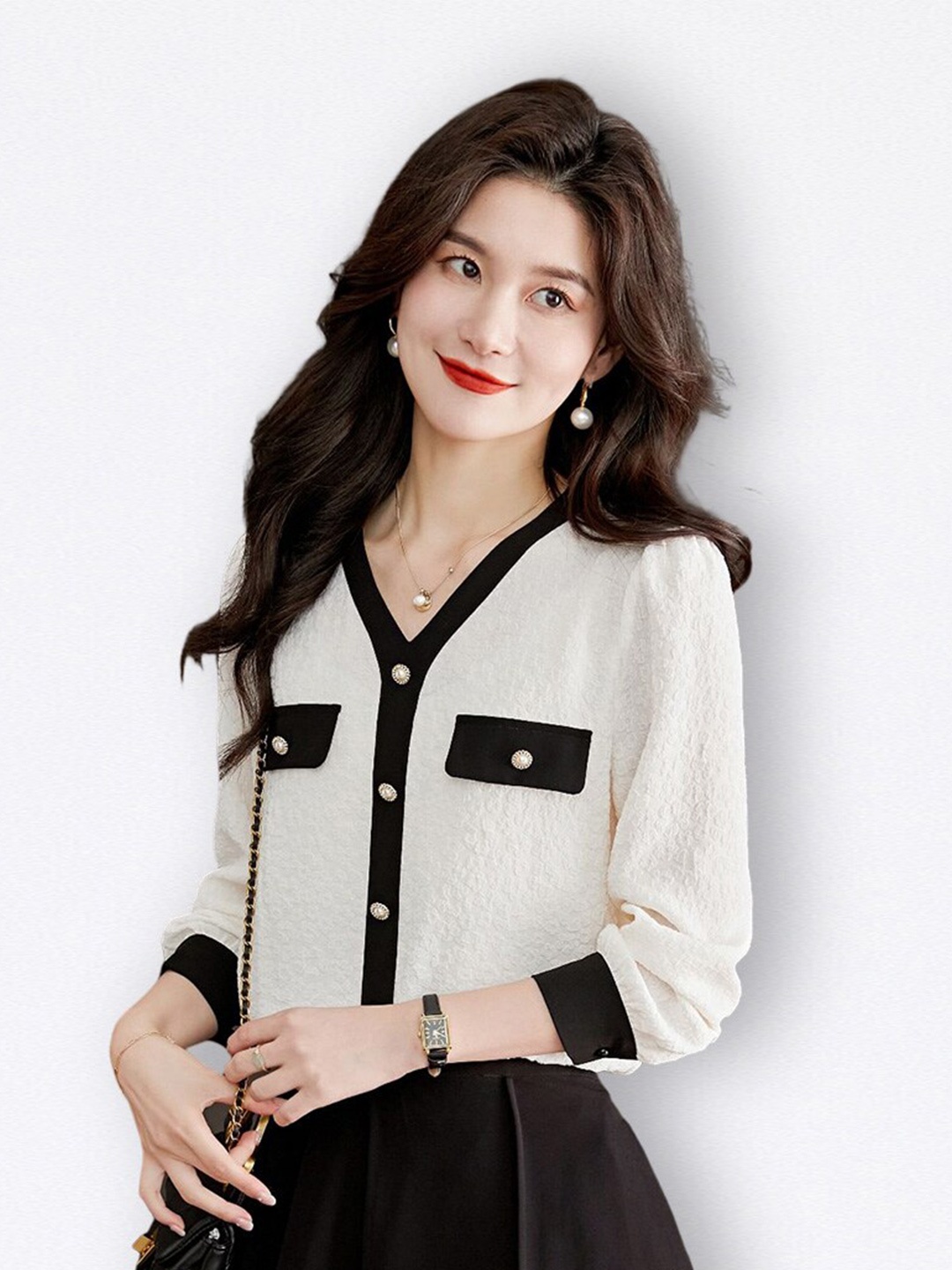 JC Collection Women Self Design V-Neck Long Sleeves Casual Tops, Off white