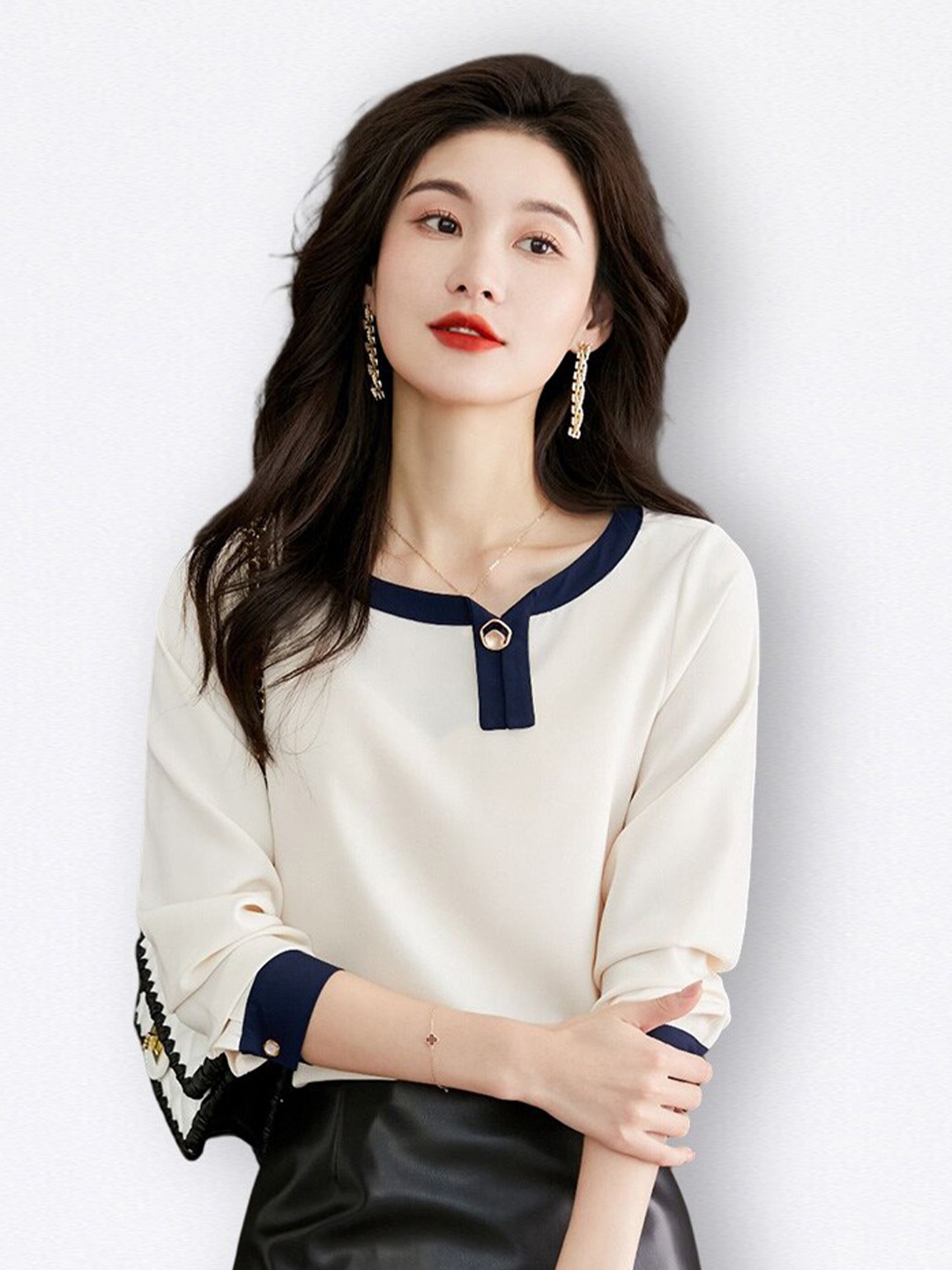 

JC Collection Round Neck Long Sleeves Top, Off white