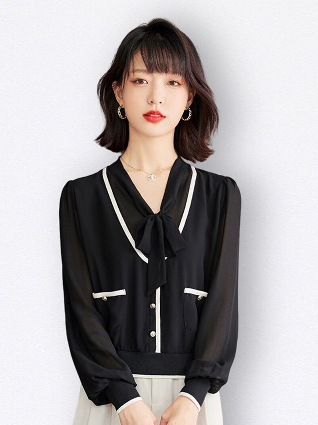 

JC Collection Tie-Up Neck Shirt Style Top, Black