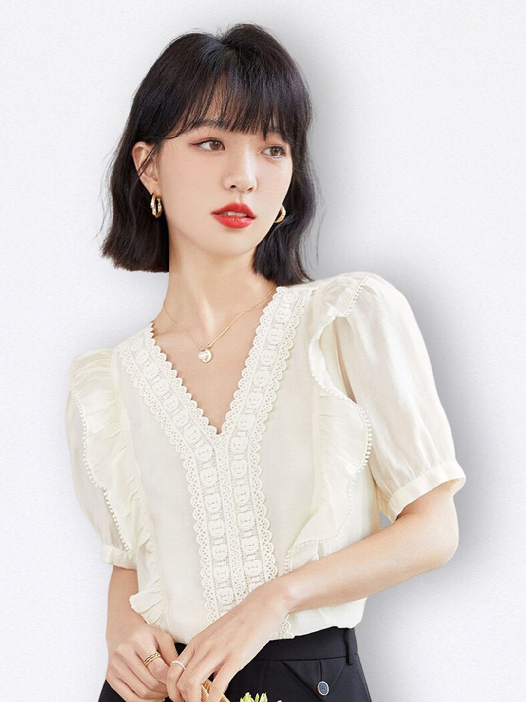 

JC Collection V Neck Lace Frills Bows And Ruffles Top, Cream