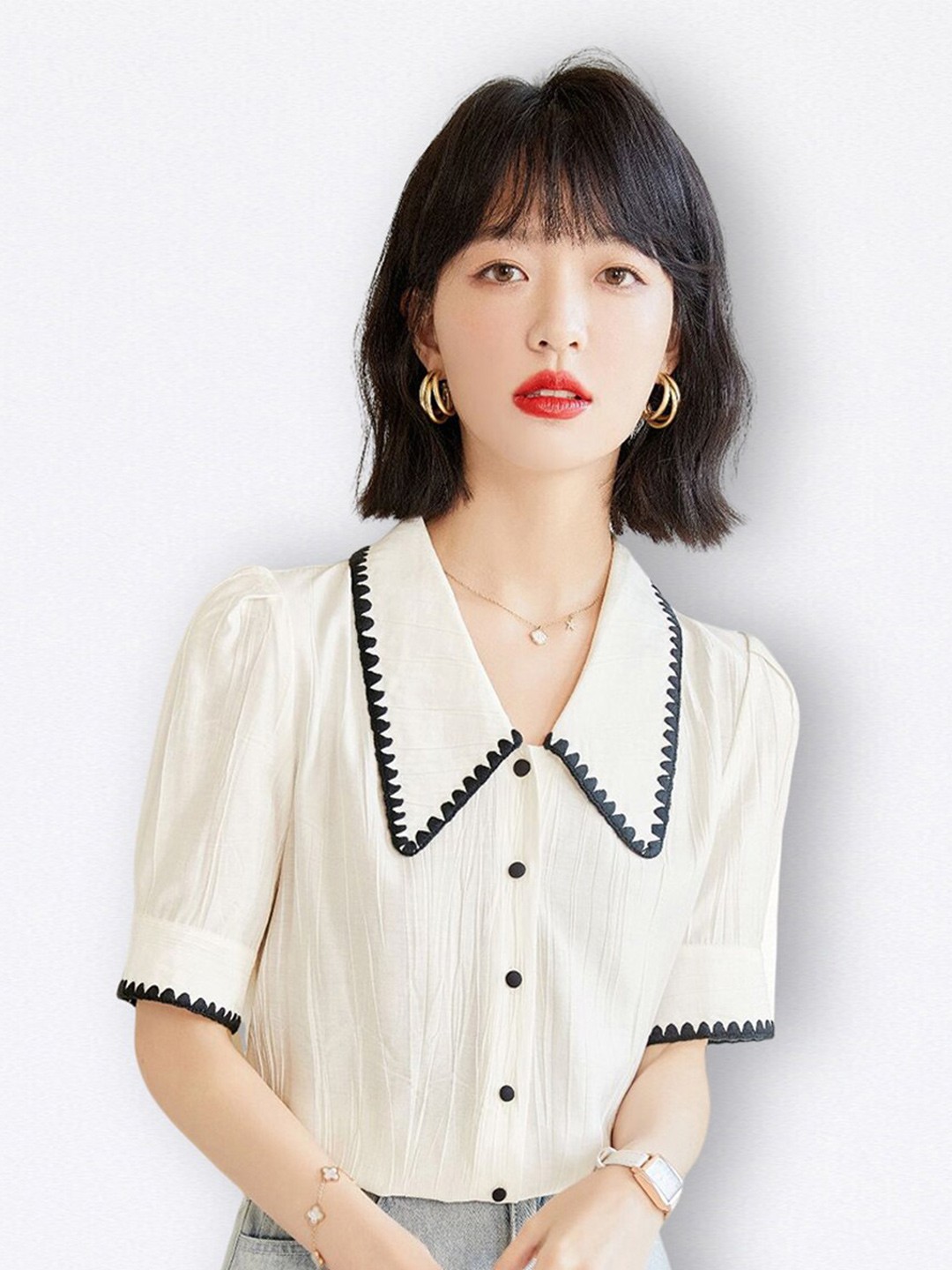 

JC Collection Above The Keyboard Collar Puff Sleeves Casual Shirt, Beige