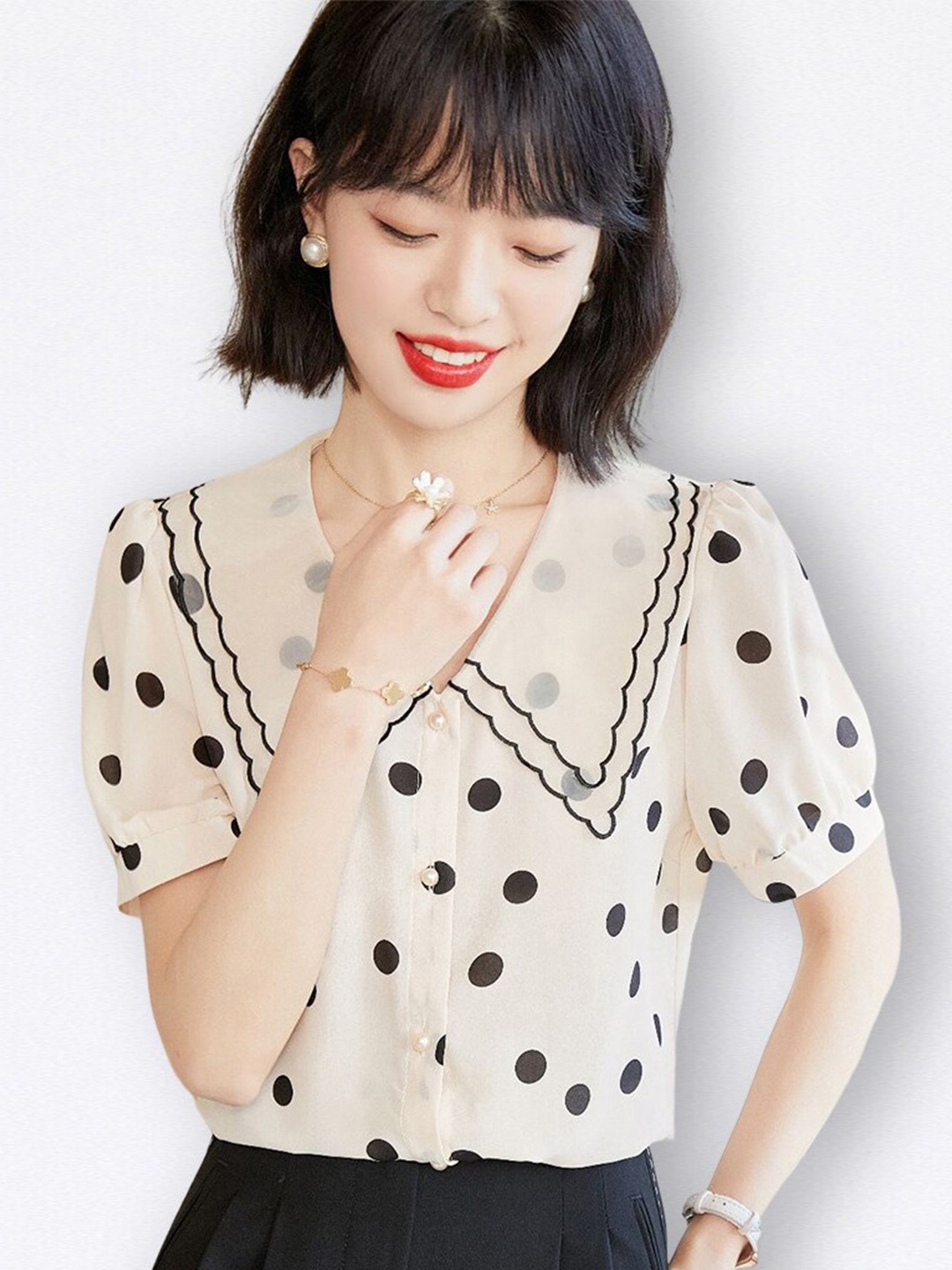 

JC Collection Polka Dot Above The Keyboard collar Casual Shirt, Off white