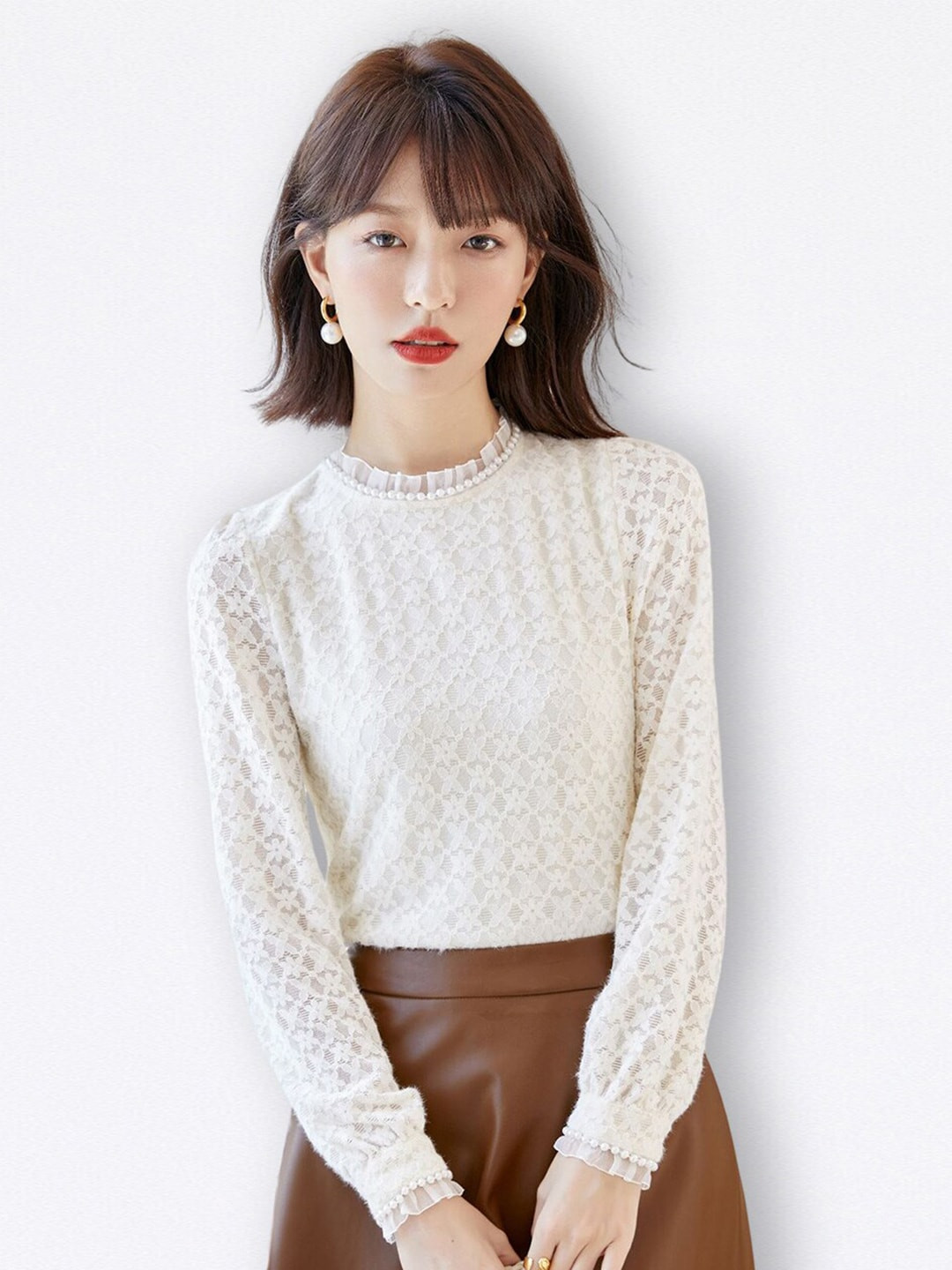 

JC Collection Self Design Cuffed Sleeves Tops, Off white