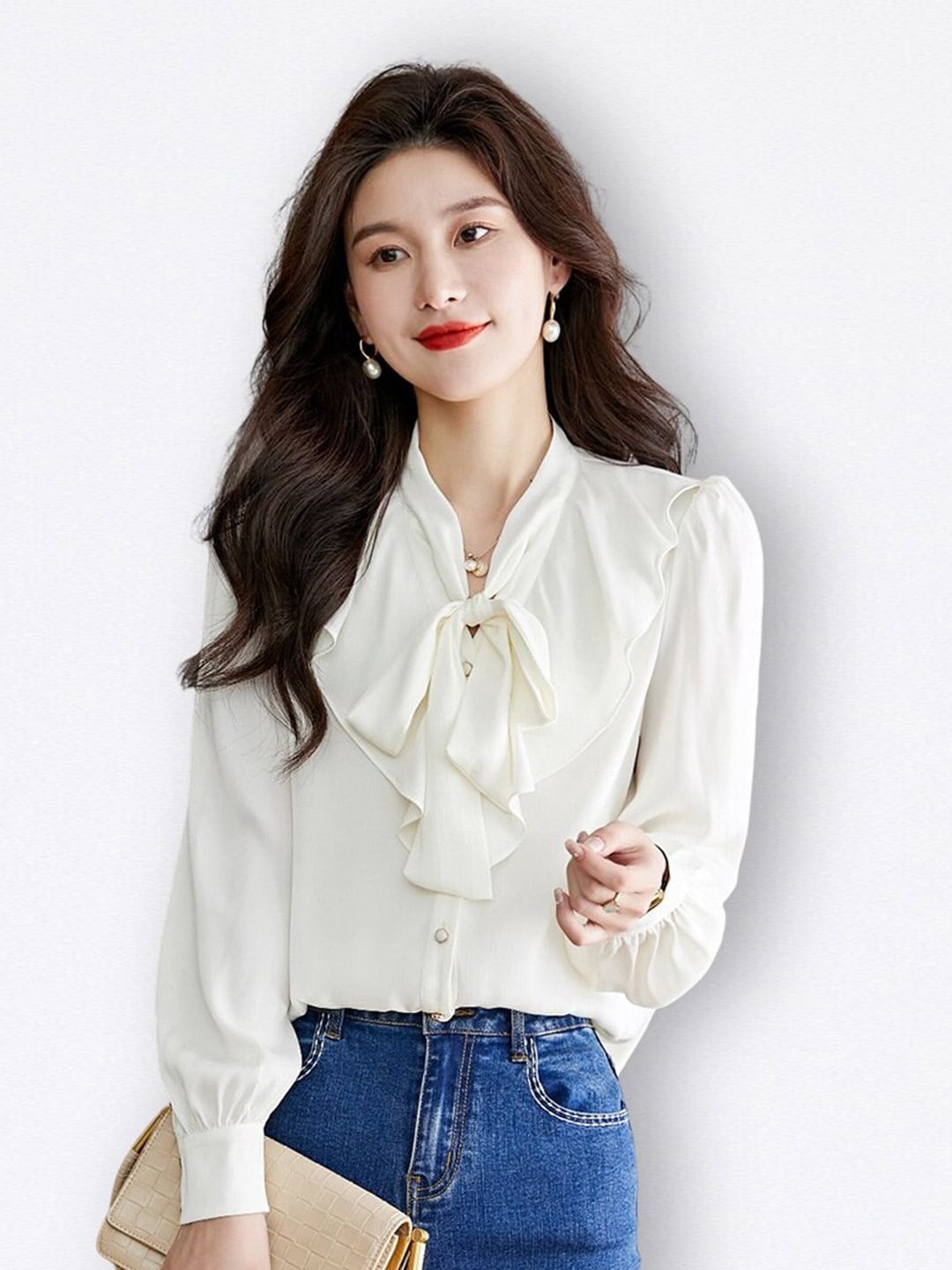 

JC Collection Tie-Up Neck Shirt Style Top, Off white