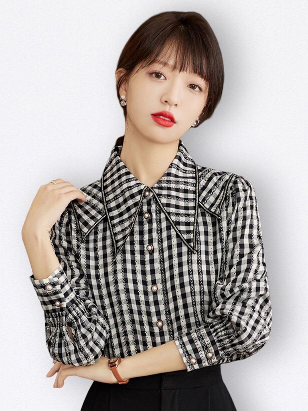 JC Collection Above The Keyboard Collar Gingham Checks Casual Shirt, Black