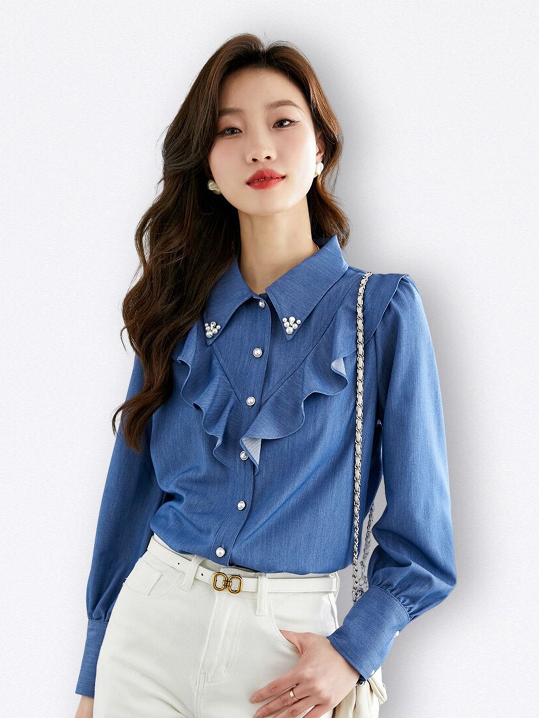 JC Collection Women Ruffled Casual Shirt, Blue