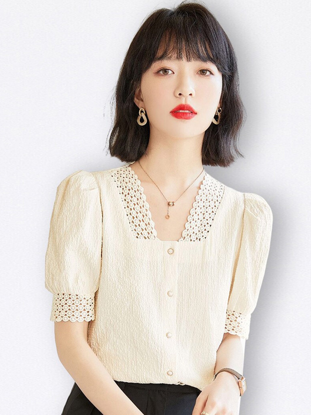 

JC Collection Square Neck Lace Inserted Shirt Style Top, Off white