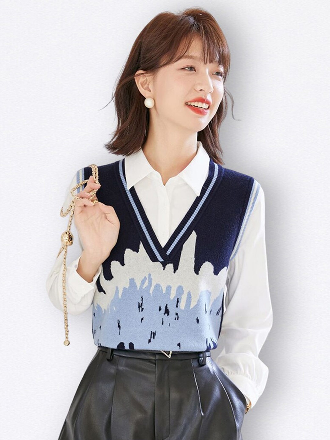 JC Collection Women Graphic Self Design V Neck Sweater Vest, White
