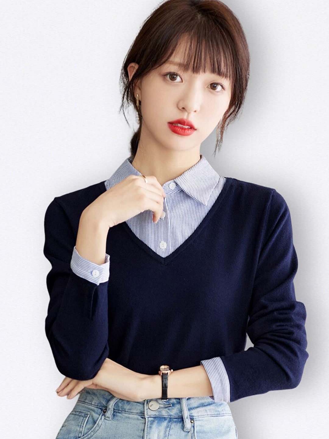

JC Collection Women V-Neck Long Sleeves Sweatshirts, Navy blue