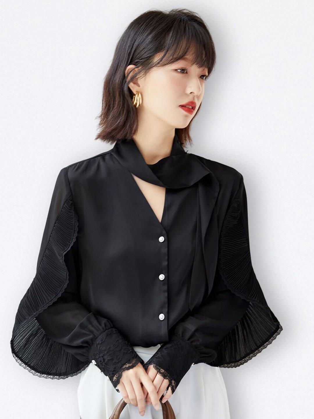 

JC Collection Tie-Up Neck Ruffles Top, Black
