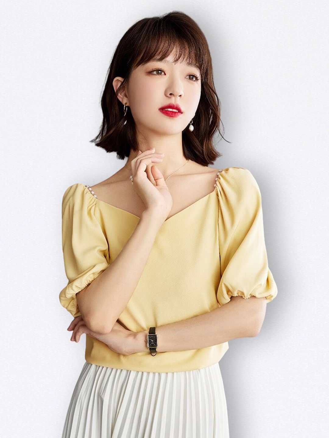 JC Collection Women V Neck Puff Sleeves Casual Tops, Yellow