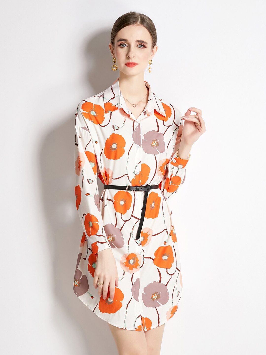 

JC Collection Floral Printed Shirt-Style Dress, Off white