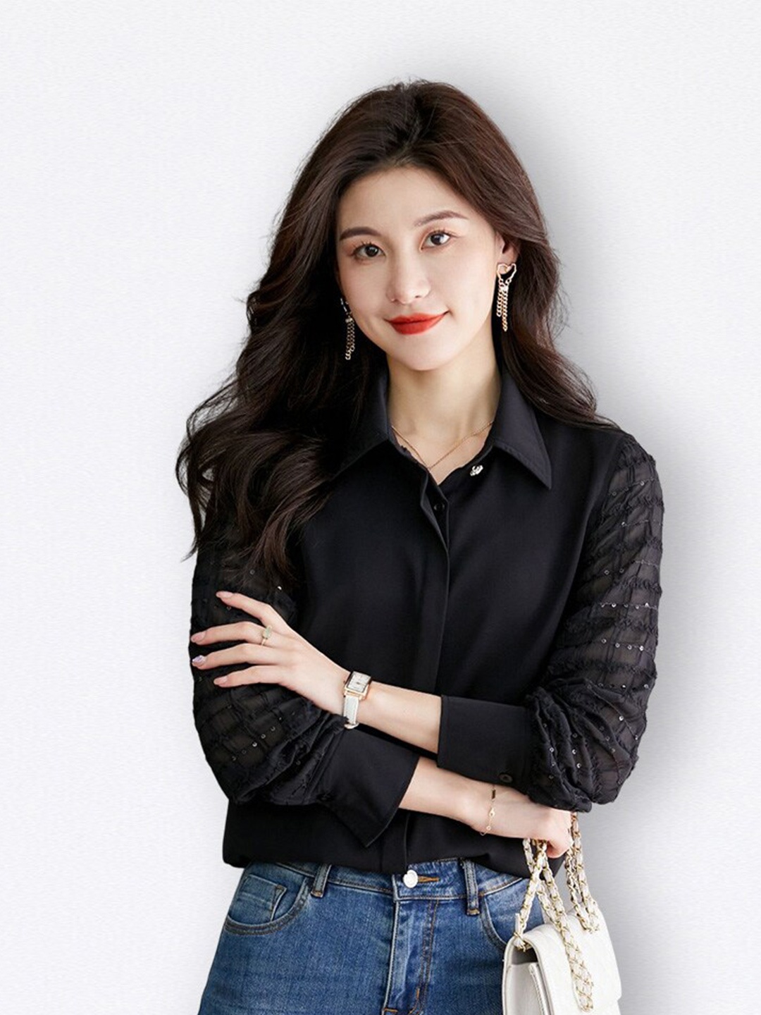 

JC Collection Women Spread Collar Long Sleeves Casual Shirt, Black