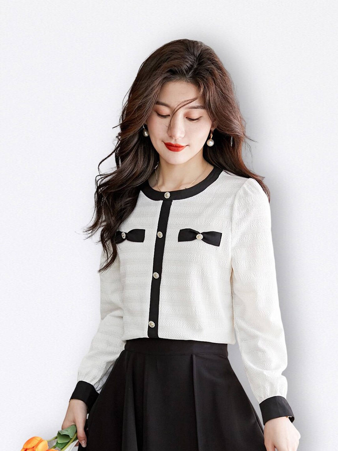 

JC Collection Self Design Round Neck Puff Sleeves Top, White