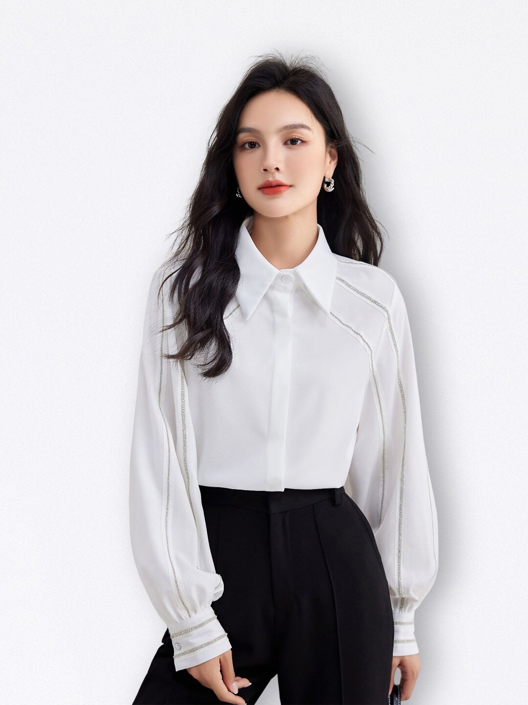 

JC Collection Regular Fit Spread Collar Puff Sleeves Casual Shirt, White