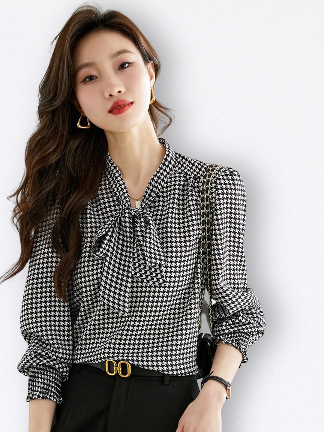 

JC Collection Checked Tie-Up Neck Top, Black