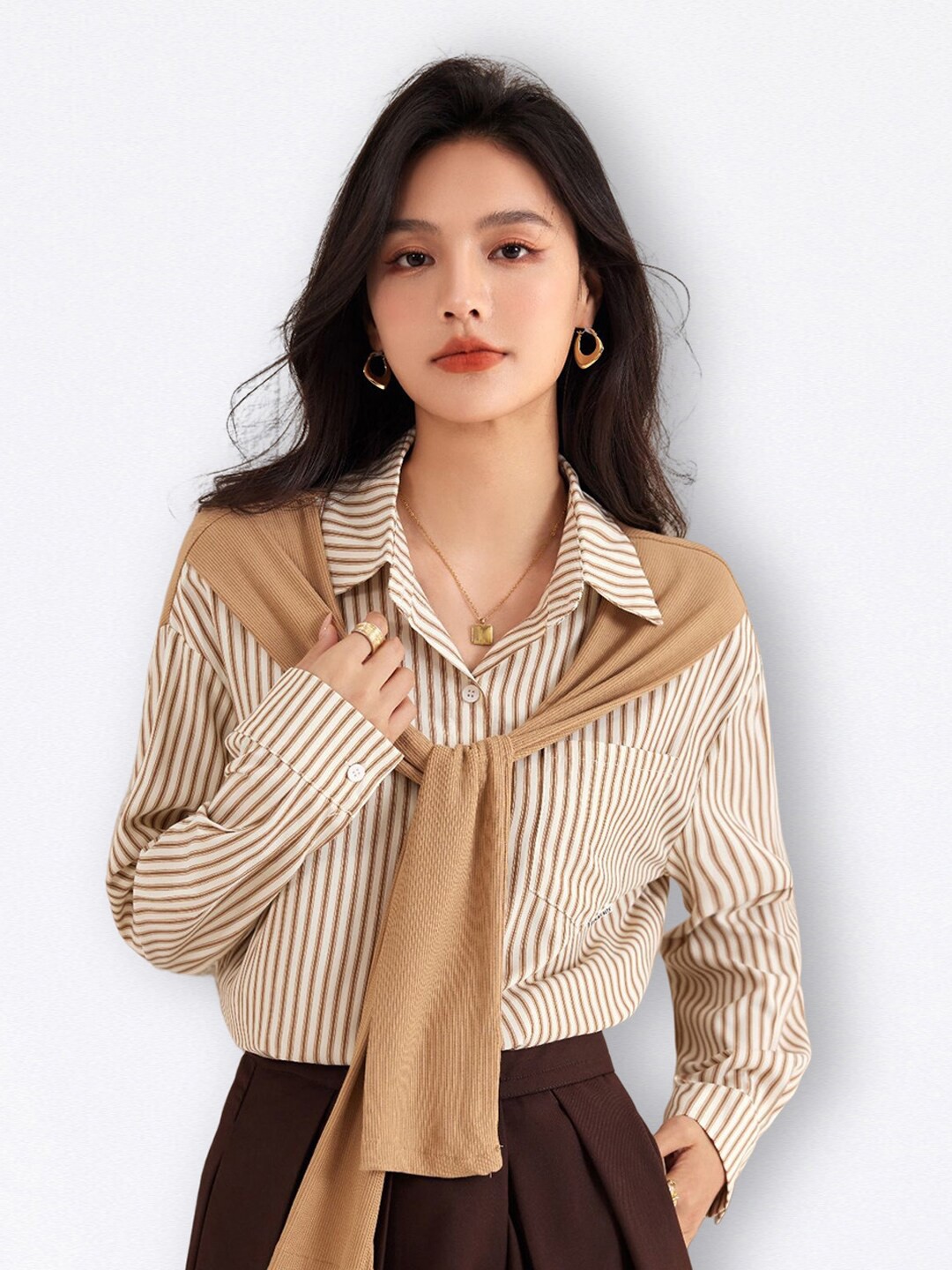 

JC Collection Vertical Stripes Striped Casual Shirt, Beige
