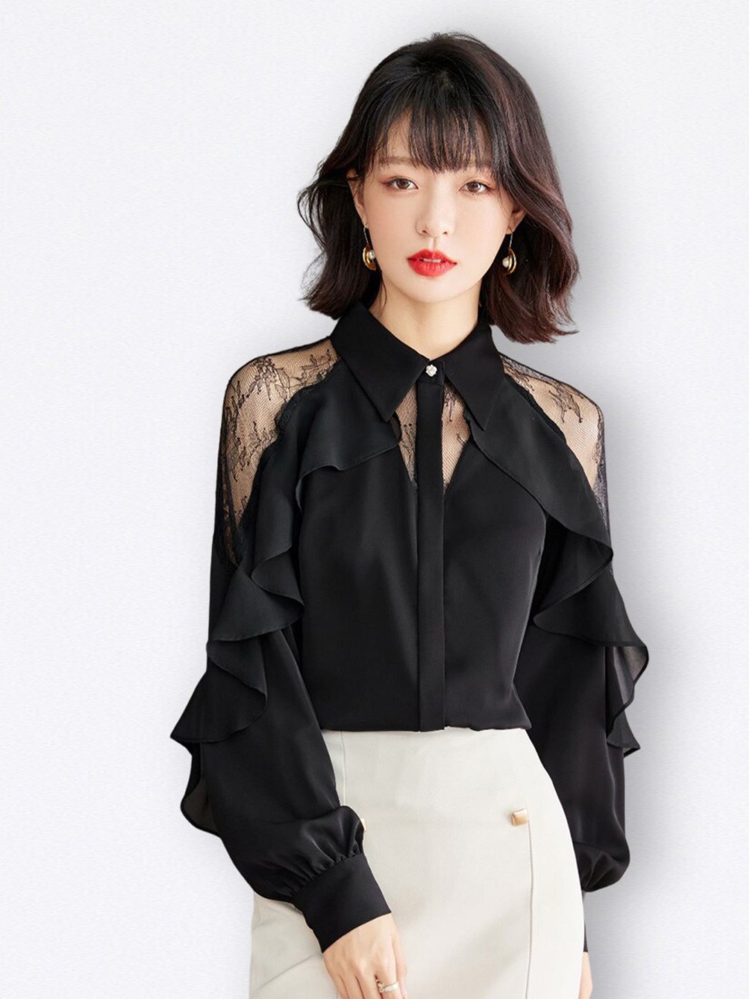 JC Collection Women Ruffled Casual Shirt, Black