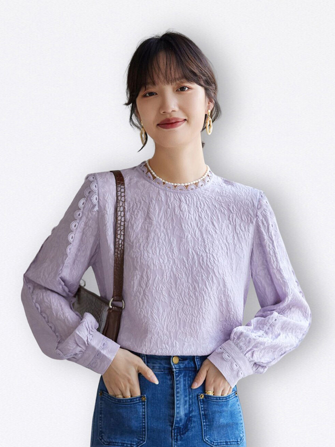 

JC Collection Round Neck Cuffed Sleeves Top, Purple
