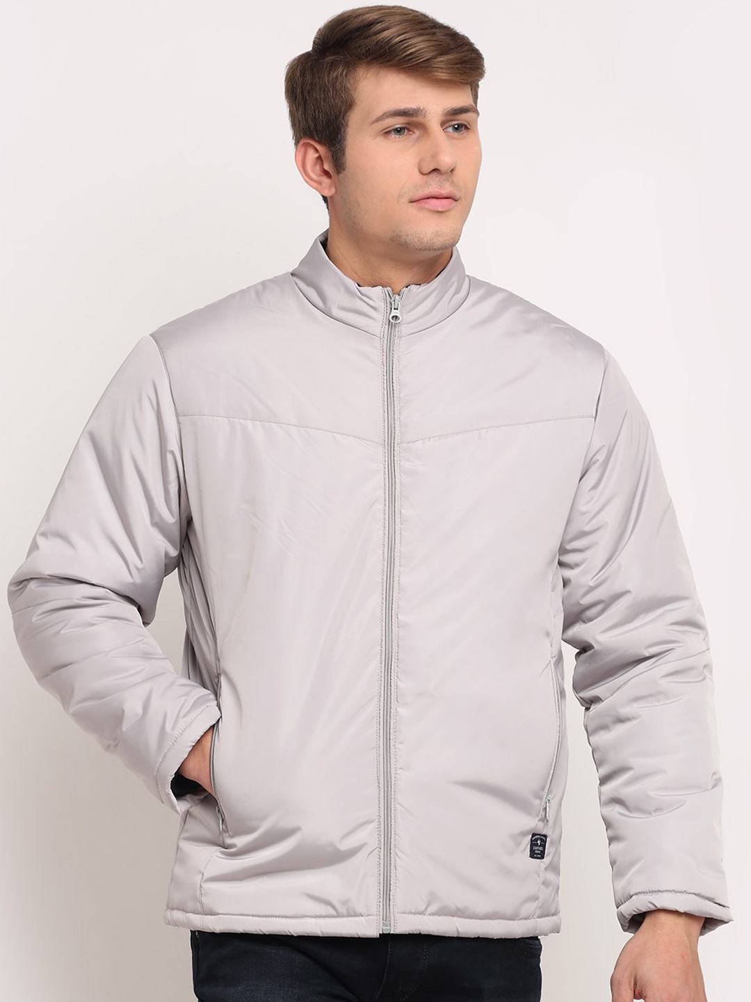Cantabil Men Lightweight Mock Collar Padded Jacket, Grey