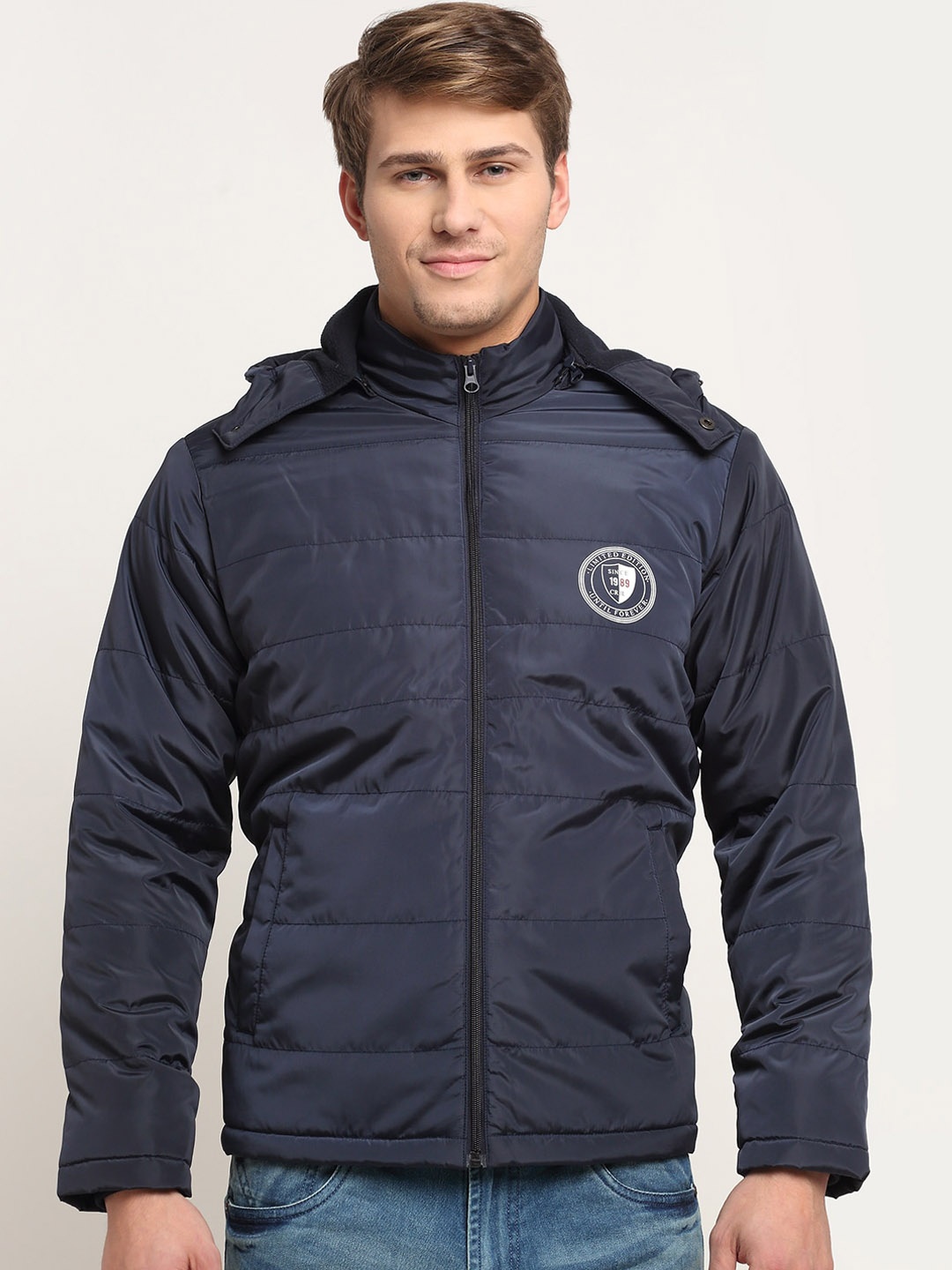 Cantabil Men Hooded Lightweight Padded Jacket, Navy blue