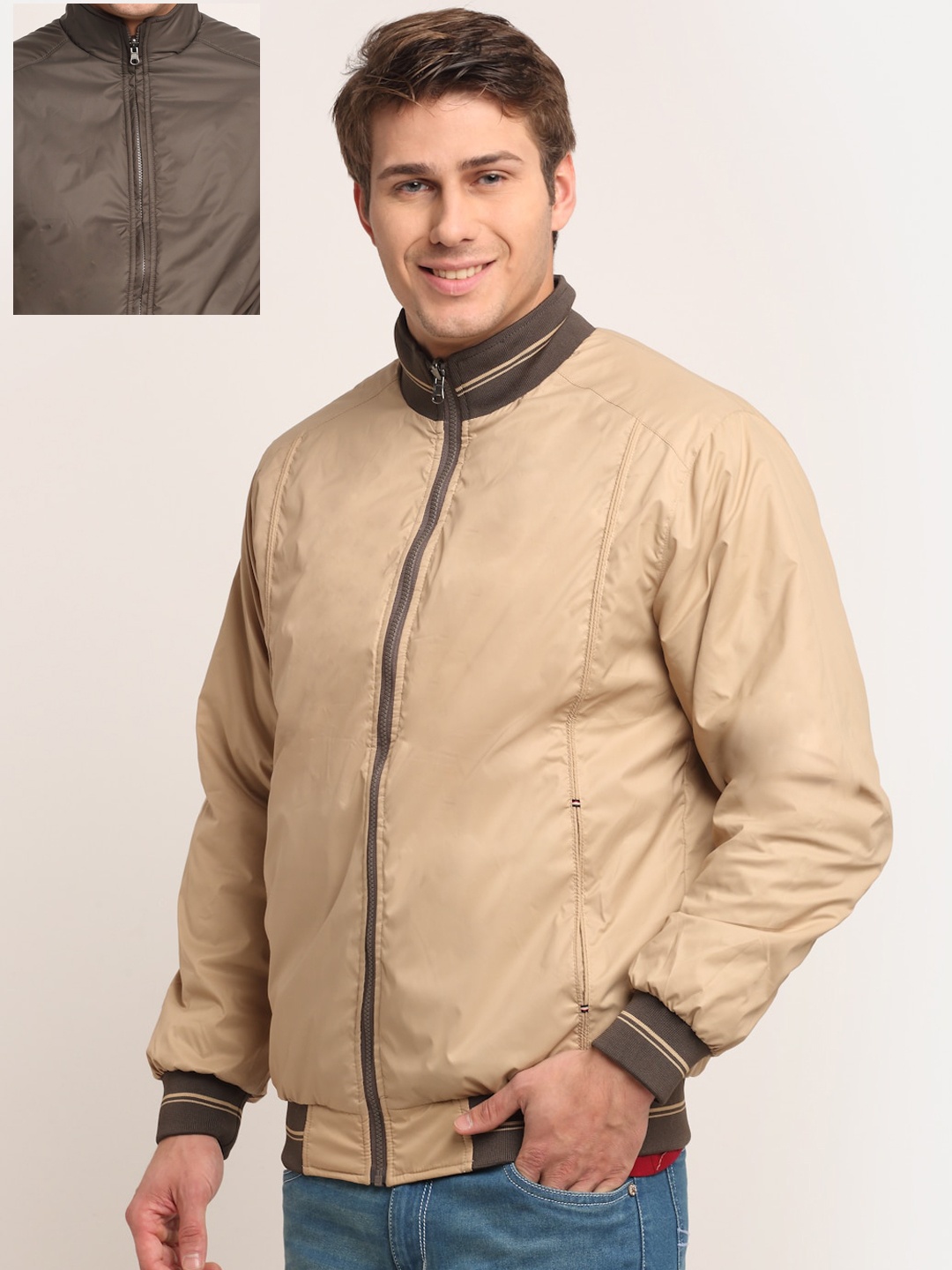 

Cantabil Men Mock Collar Reversible Bomber Jacket, Brown