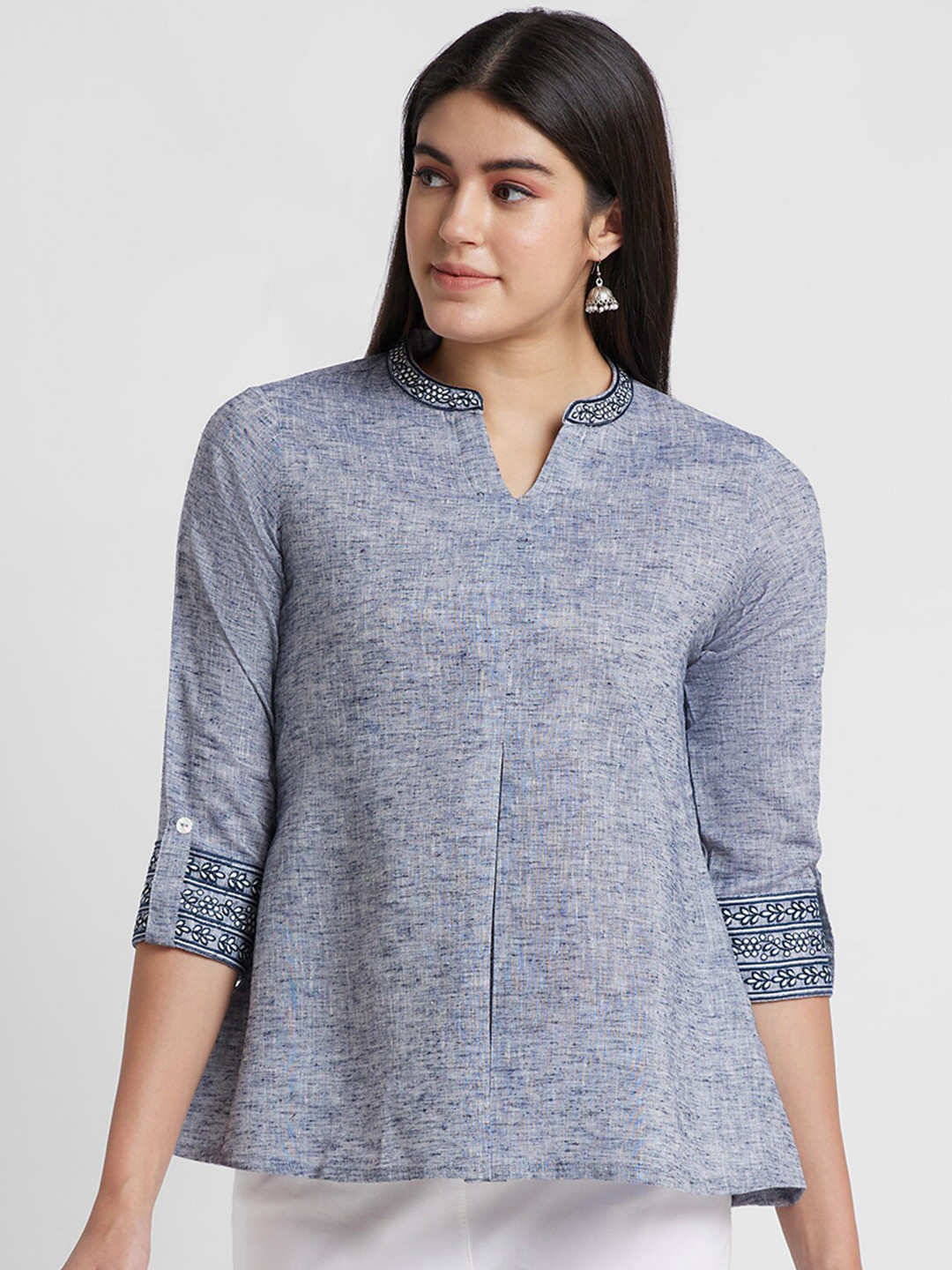 

Globus Mandarin Collar Pure Cotton Tunic, Blue