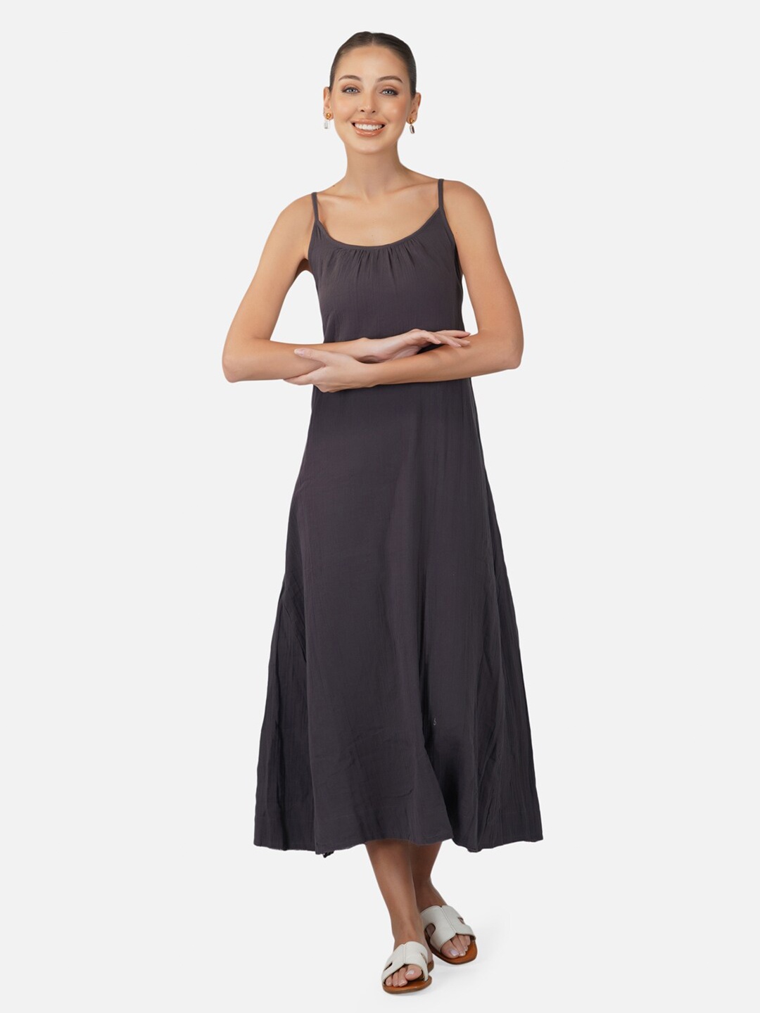 Porsorte Shoulder Straps Organic Cotton A-Line Midi Dress, Black