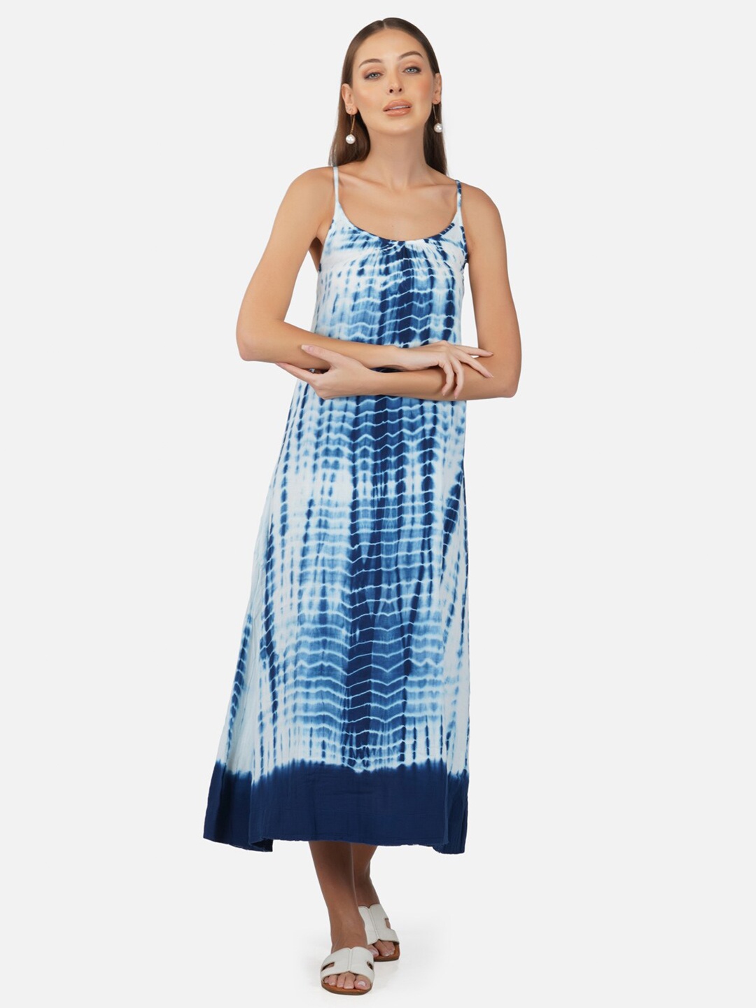 

Porsorte Tie and Dyed Organic Cotton A-Line Midi Dress, Blue