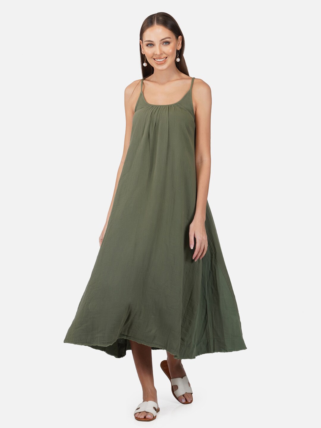 Porsorte Shoulder Straps Organic Cotton A-Line Midi Dress, Olive