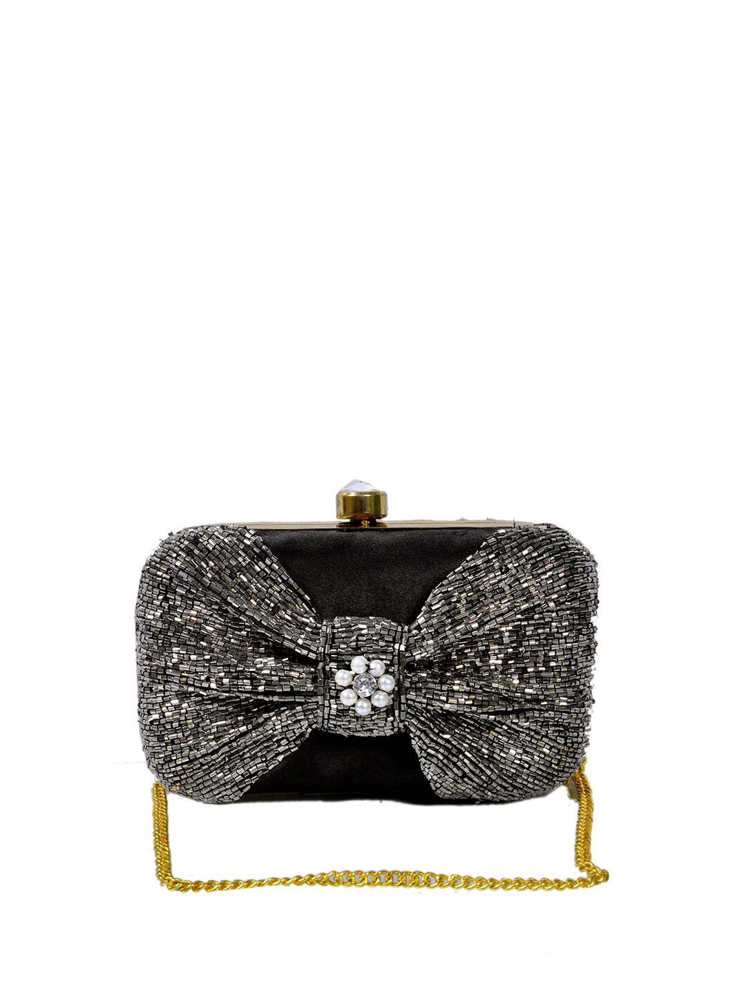 

REZZY Women Embellished Canvas Box Clutch, Black