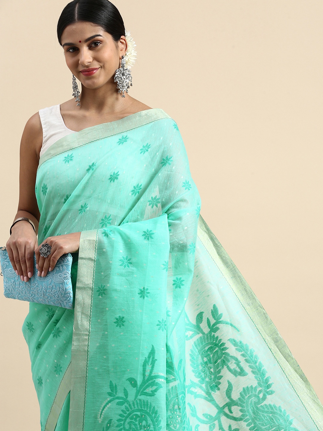 

VISHNU WEAVES Ethnic Motifs Zari Linen Blend Jamdani Saree, Sea green