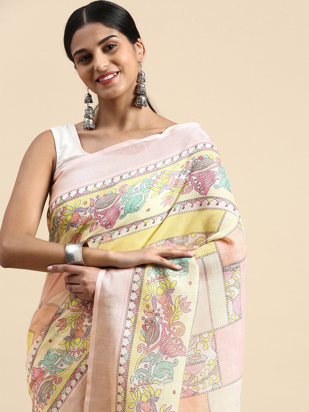 

VISHNU WEAVES Floral Phulkari Pure Linen Narayan Peth Saree, Pink