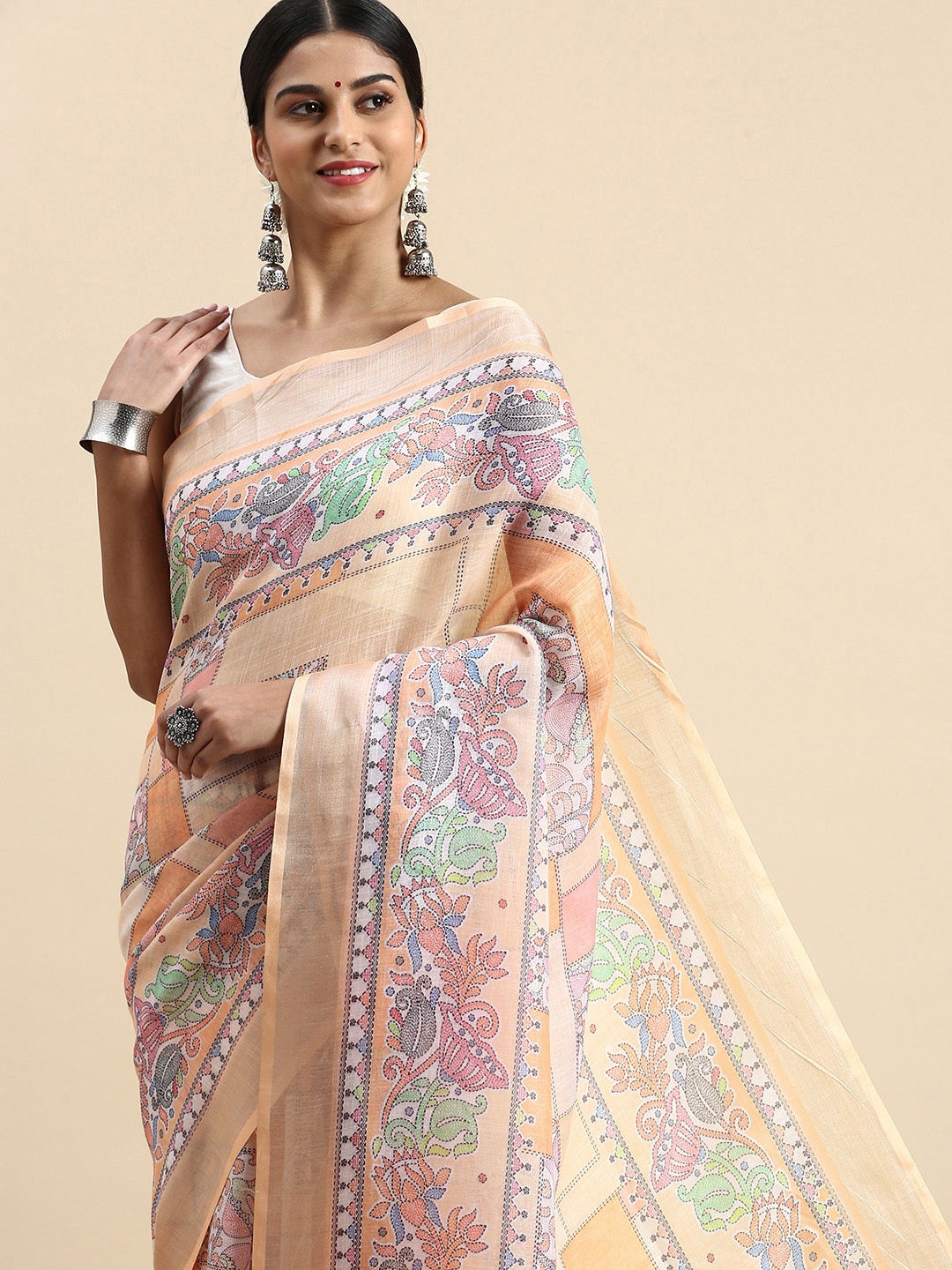 

VISHNU WEAVES Floral Phulkari Pure Linen Narayan Peth Saree, Orange