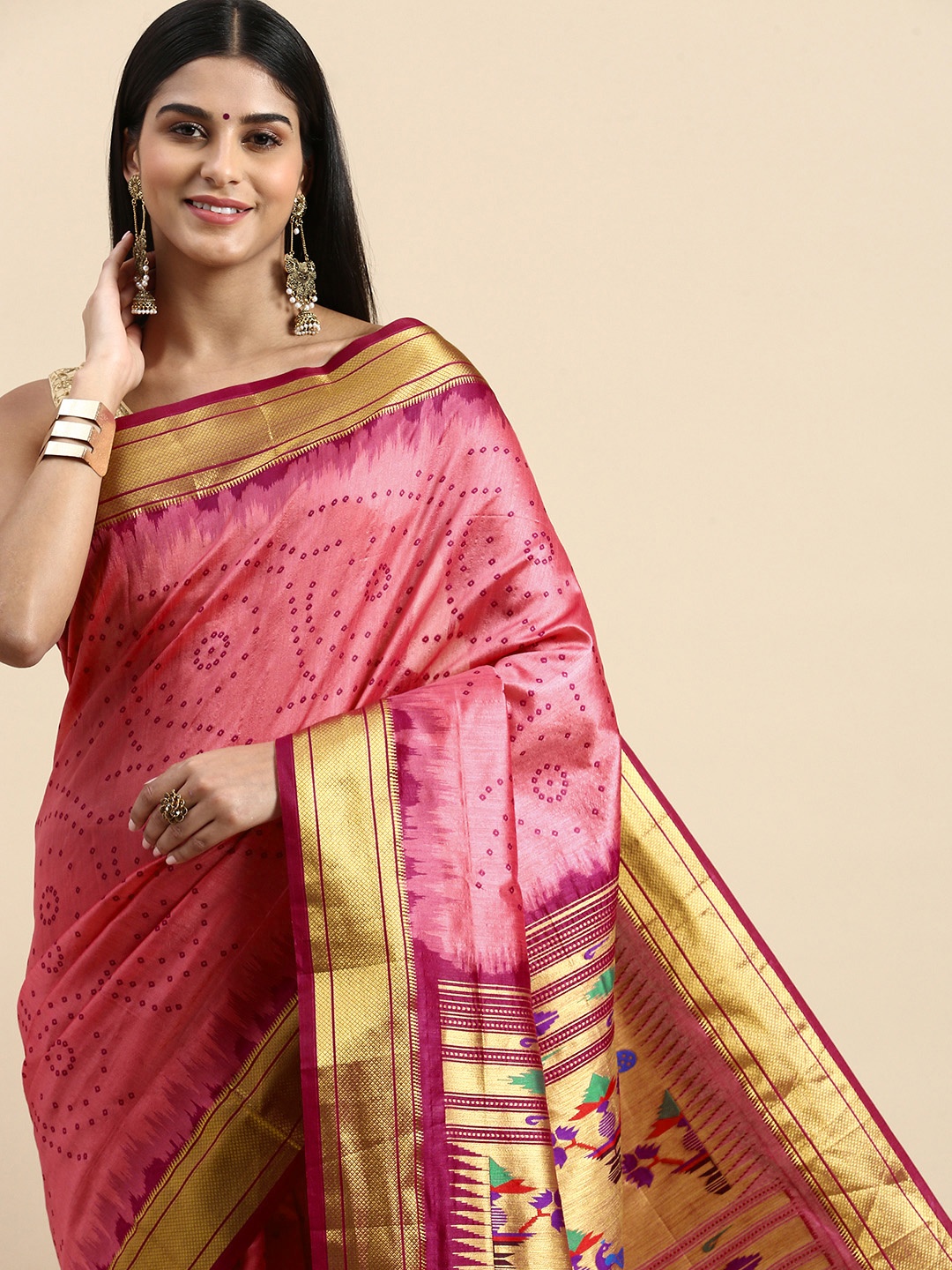 

VISHNU WEAVES Bandhani Zari Silk Cotton Paithani Saree, Pink