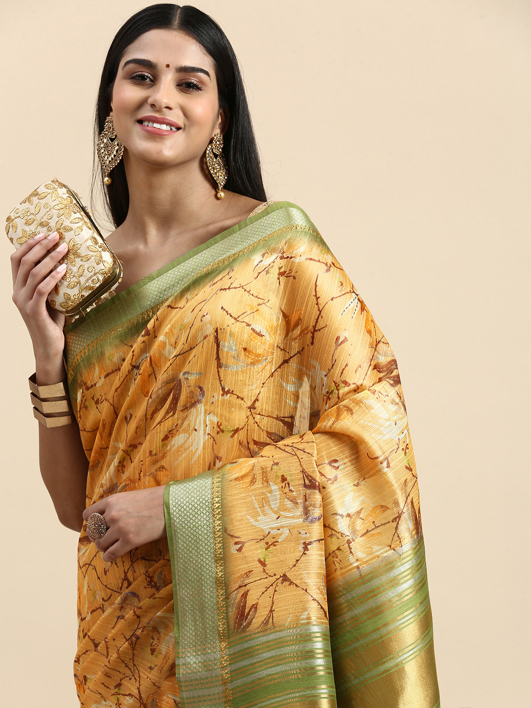 

VISHNU WEAVES Zari Jute Silk Tussar Saree, Beige
